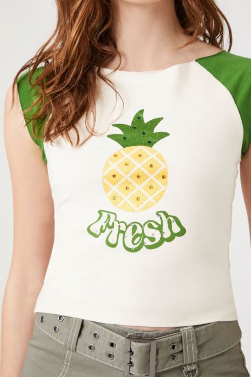 Camisa Forever 21 Rhinestone Fresh Pineapple Baby Mujer Verde Multicolor | O8VQrhN9GDQ