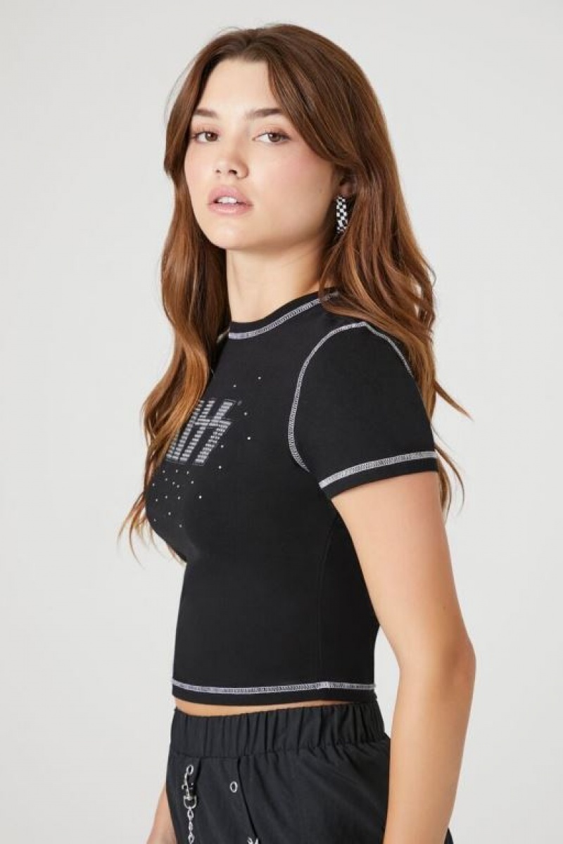 Camisa Forever 21 Rhinestone Kiss Estampadas Cropped Mujer Negras Multicolor | 8uW2E8zUuRv