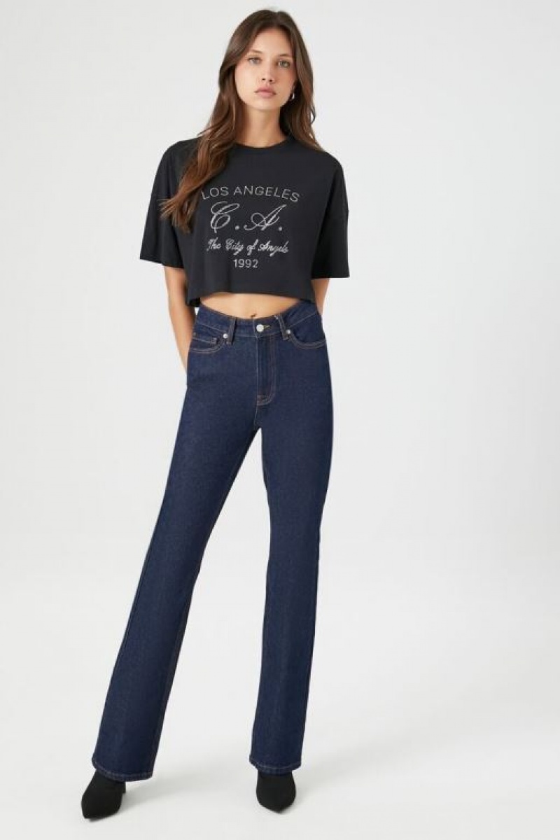 Camisa Forever 21 Rhinestone Los Angeles Cropped Mujer Negras Plateadas | KfNlfPTr7Wj