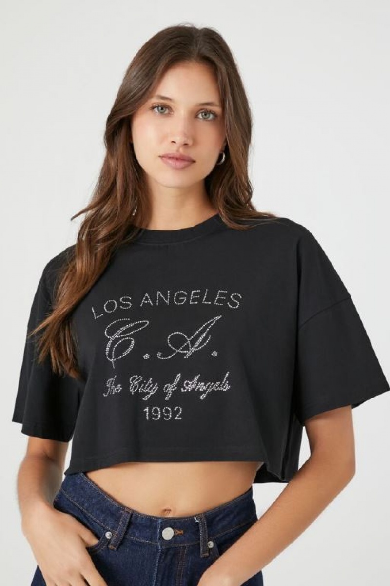 Camisa Forever 21 Rhinestone Los Angeles Cropped Mujer Negras Plateadas | KfNlfPTr7Wj