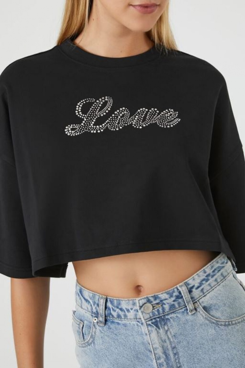 Camisa Forever 21 Rhinestone Love Cropped Mujer Negras Multicolor | JnzBpsXpfL6