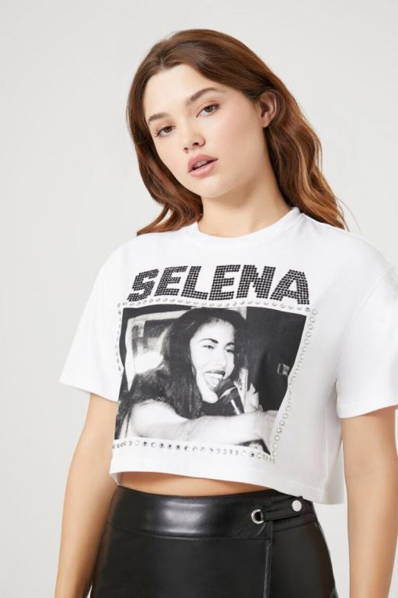 Camisa Forever 21 Selena Rhinestone Estampadas Crop Mujer Blancas Negras | DG8k80XslVS