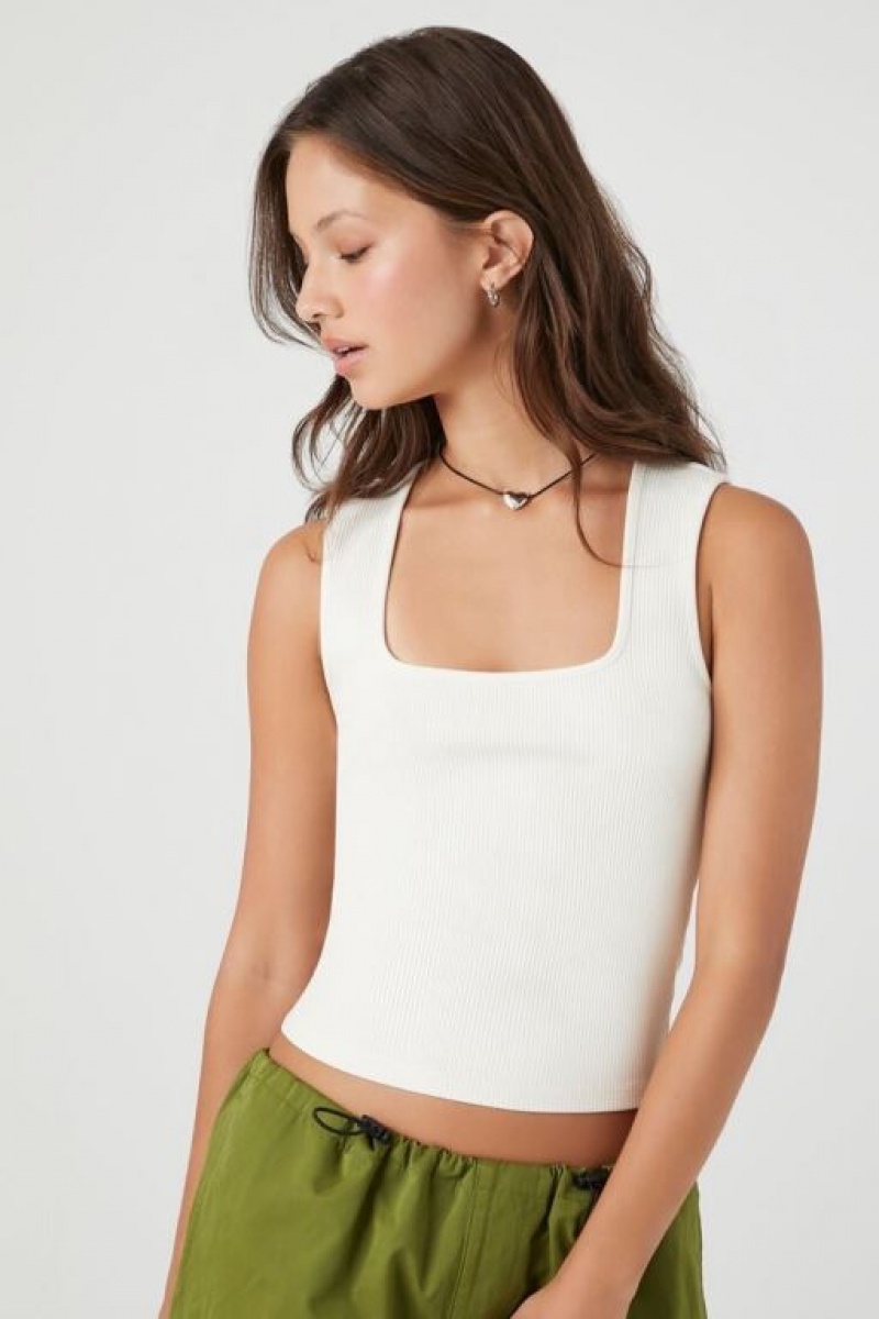 Camiseta Tirantes Forever 21 Acanalado Knit Square Neck Tank Mujer Creme | ewP5FF9RsnG