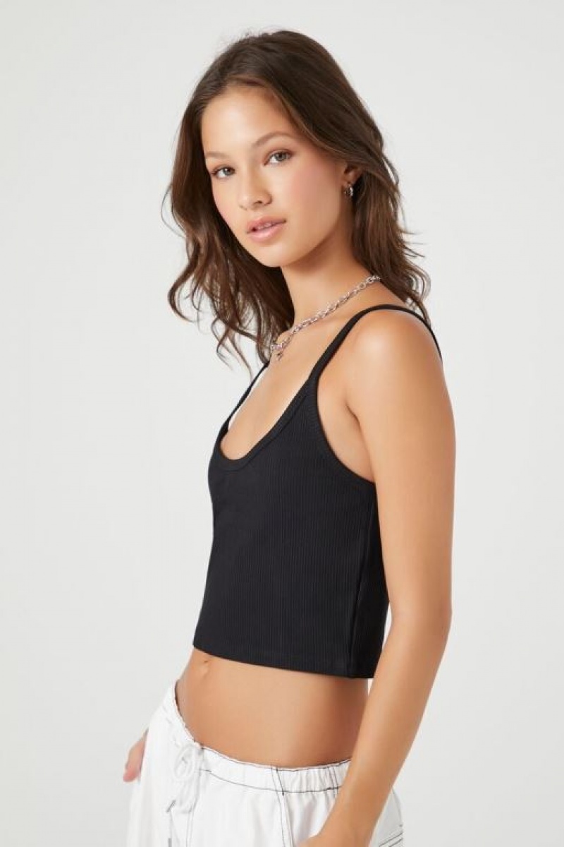 Camiseta Tirantes Forever 21 Acanalado Knit Cropped Cami Mujer Negras | WWlCHKM6dSc