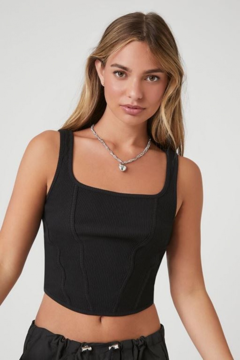 Camiseta Tirantes Forever 21 Acanalado Knit Cropped Tank Mujer Negras | v1sH554Vw1A