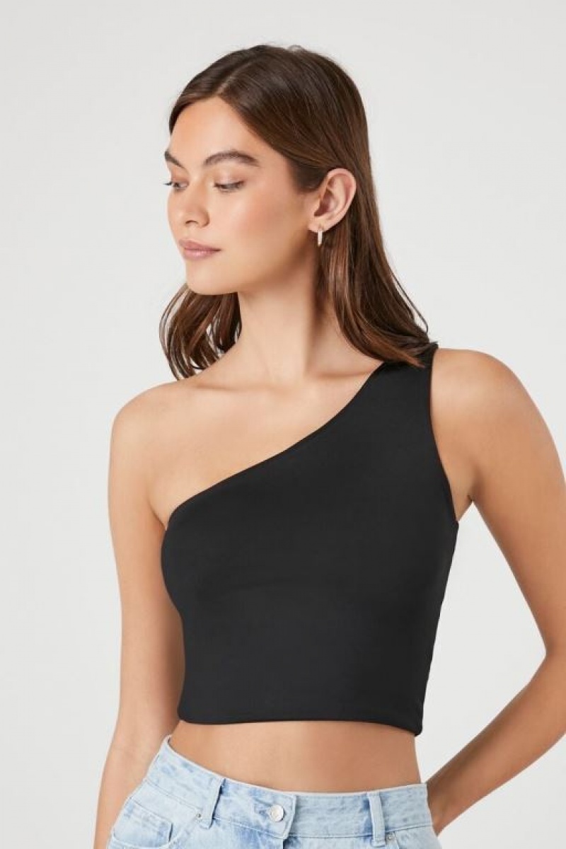 Camiseta Tirantes Forever 21 Contour One Shoulder Crop Mujer Negras | eoWahhKHhQC