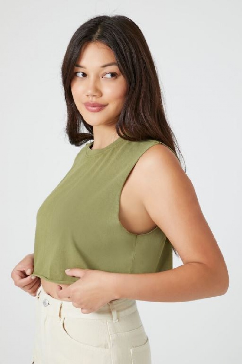 Camiseta Tirantes Forever 21 Cropped Muscle Mujer Verde Oliva | eJFzRs6EObL