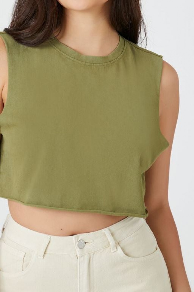 Camiseta Tirantes Forever 21 Cropped Muscle Mujer Verde Oliva | eJFzRs6EObL