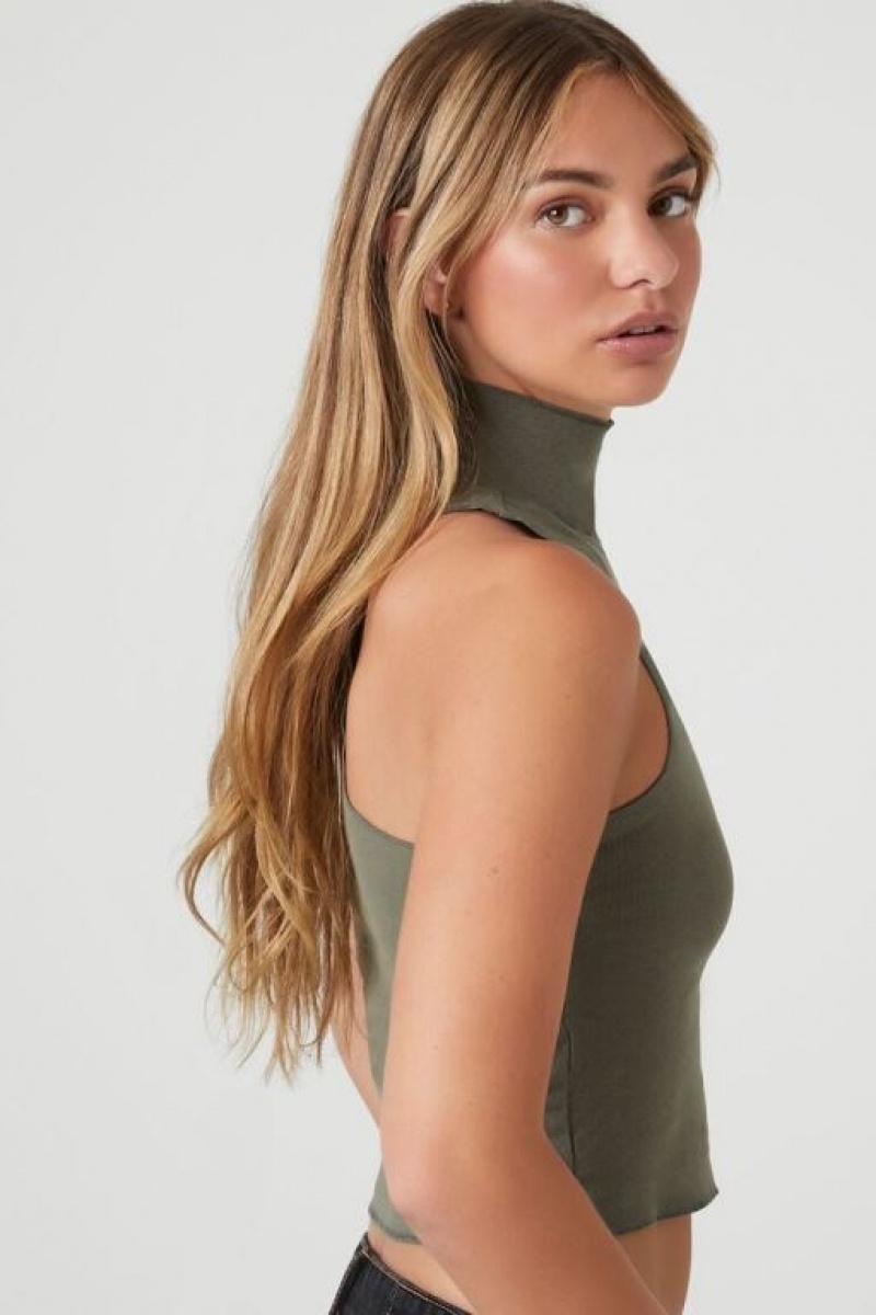 Camiseta Tirantes Forever 21 Cropped Turtleneck Tank Mujer Verde Oliva | 5V7PkQqO5KK