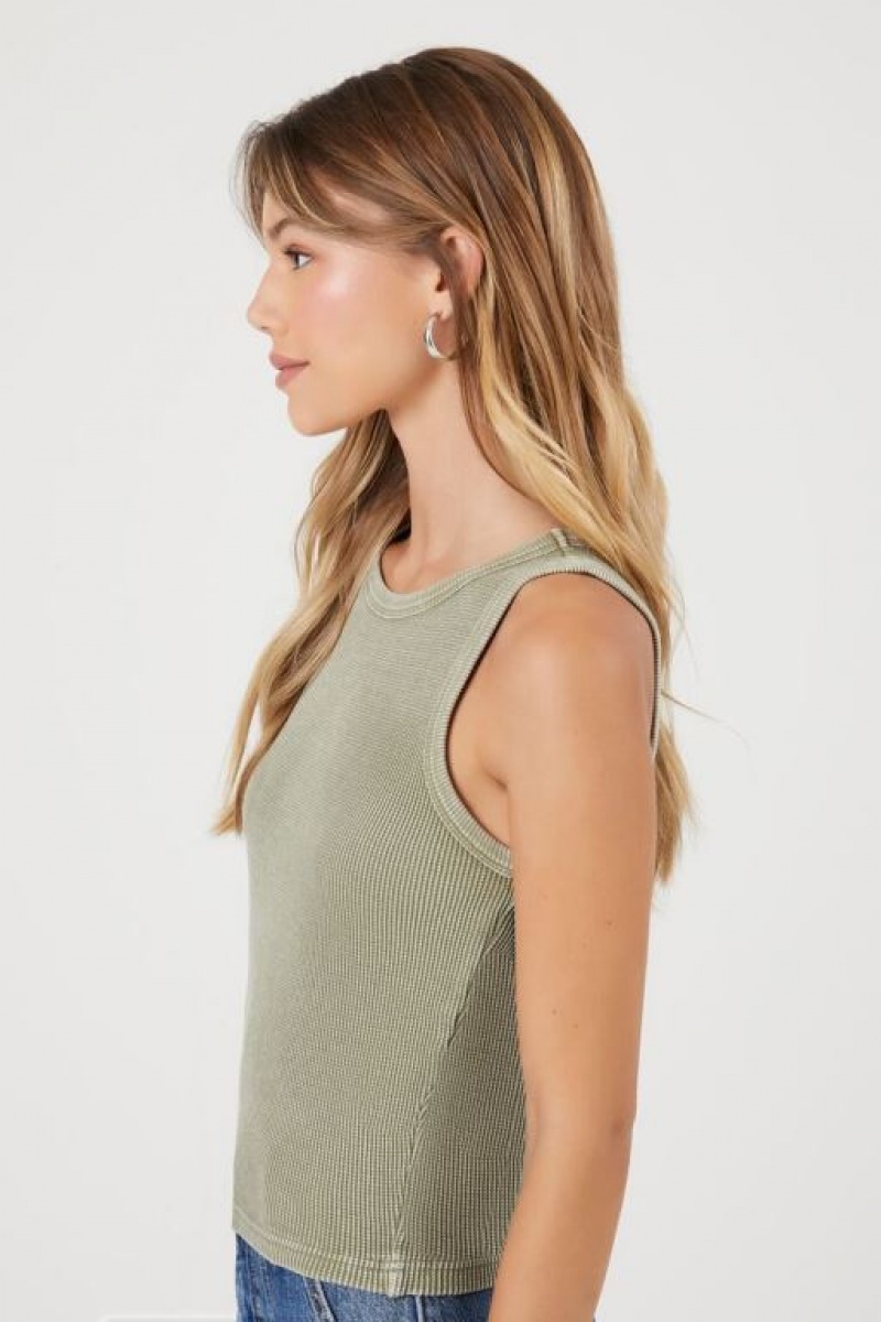 Camiseta Tirantes Forever 21 Mineral Wash Waffle Knit Tank Mujer Gris Verde | Bu5TTqLA9Fd