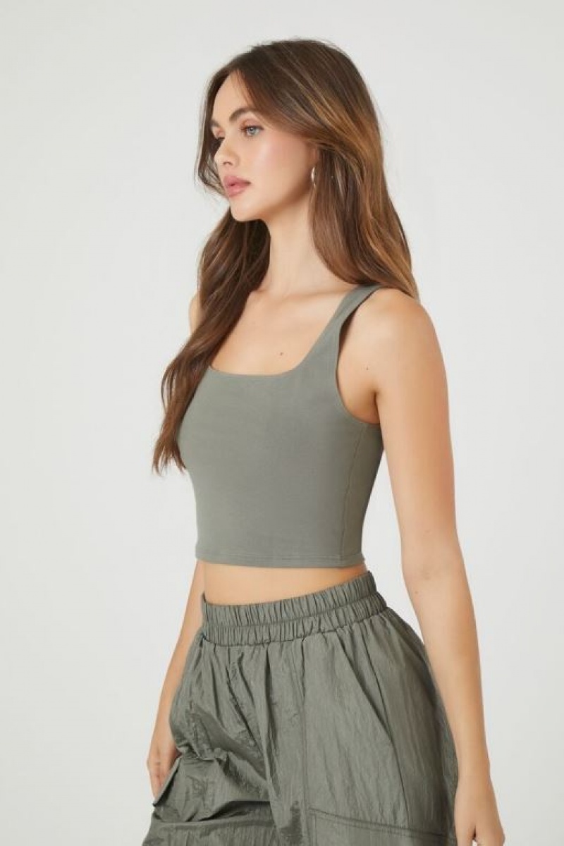 Camiseta Tirantes Forever 21 Organically Grown Cotton Cropped Tank Mujer Verde Oliva Oscuro | 3DIvJWnA3h8