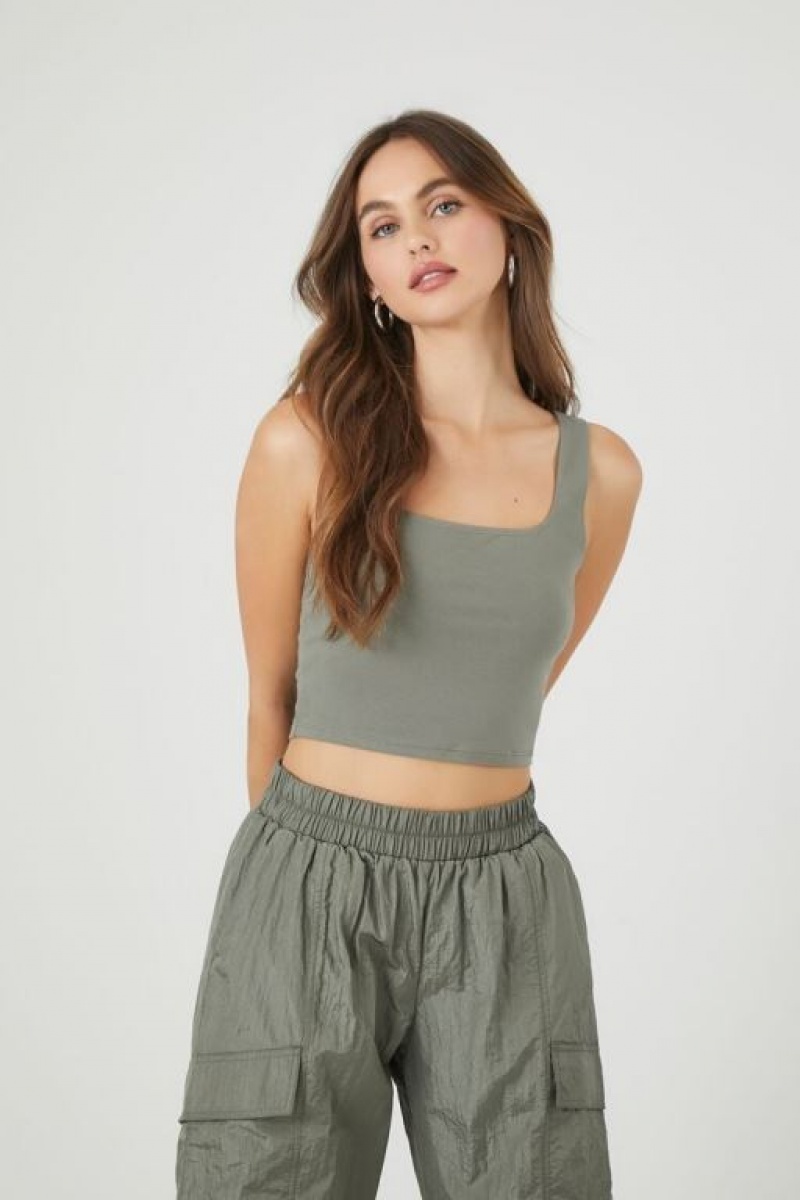 Camiseta Tirantes Forever 21 Organically Grown Cotton Cropped Tank Mujer Verde Oliva Oscuro | 3DIvJWnA3h8