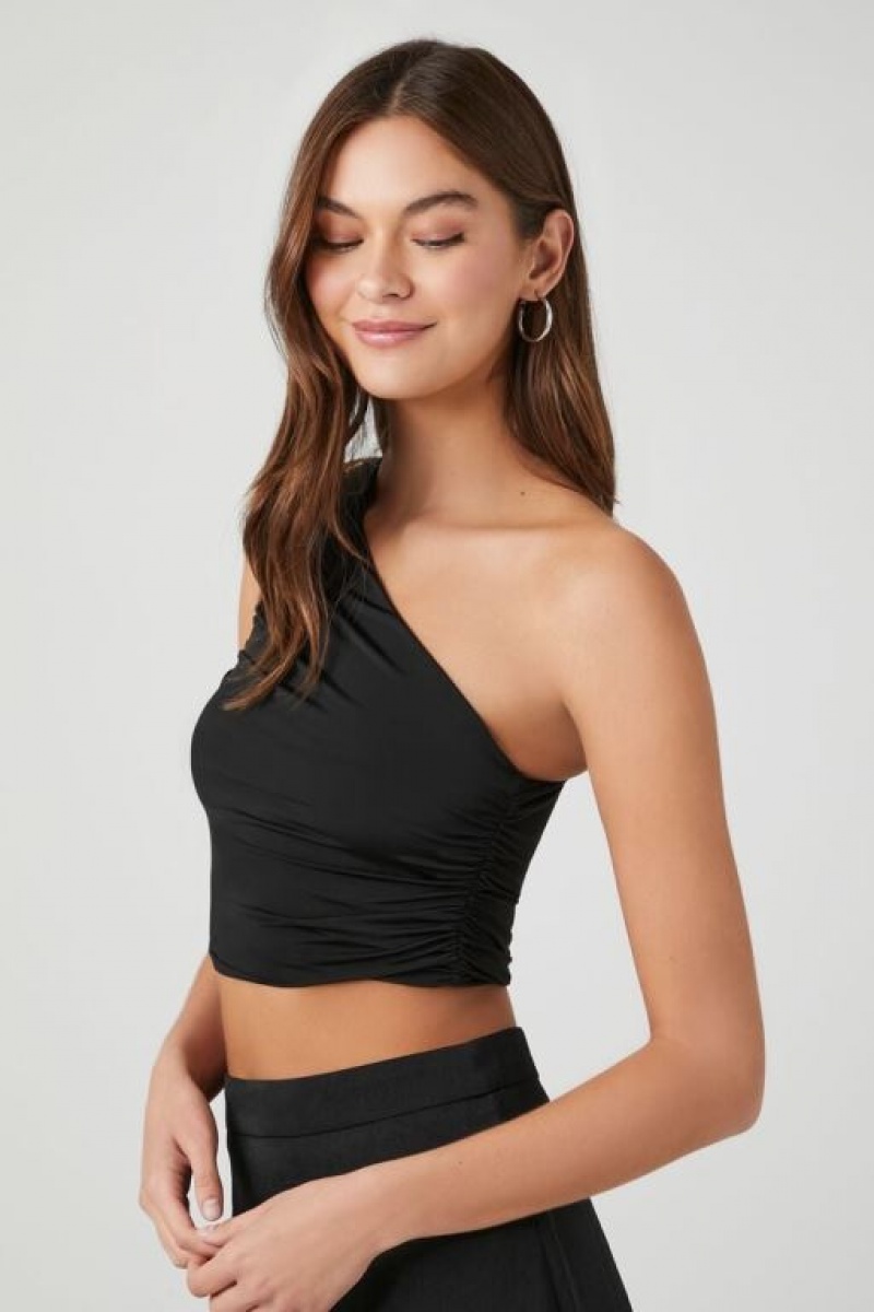 Camiseta Tirantes Forever 21 Ruched One Shoulder Crop Mujer Negras | 2LRAob7GRmc