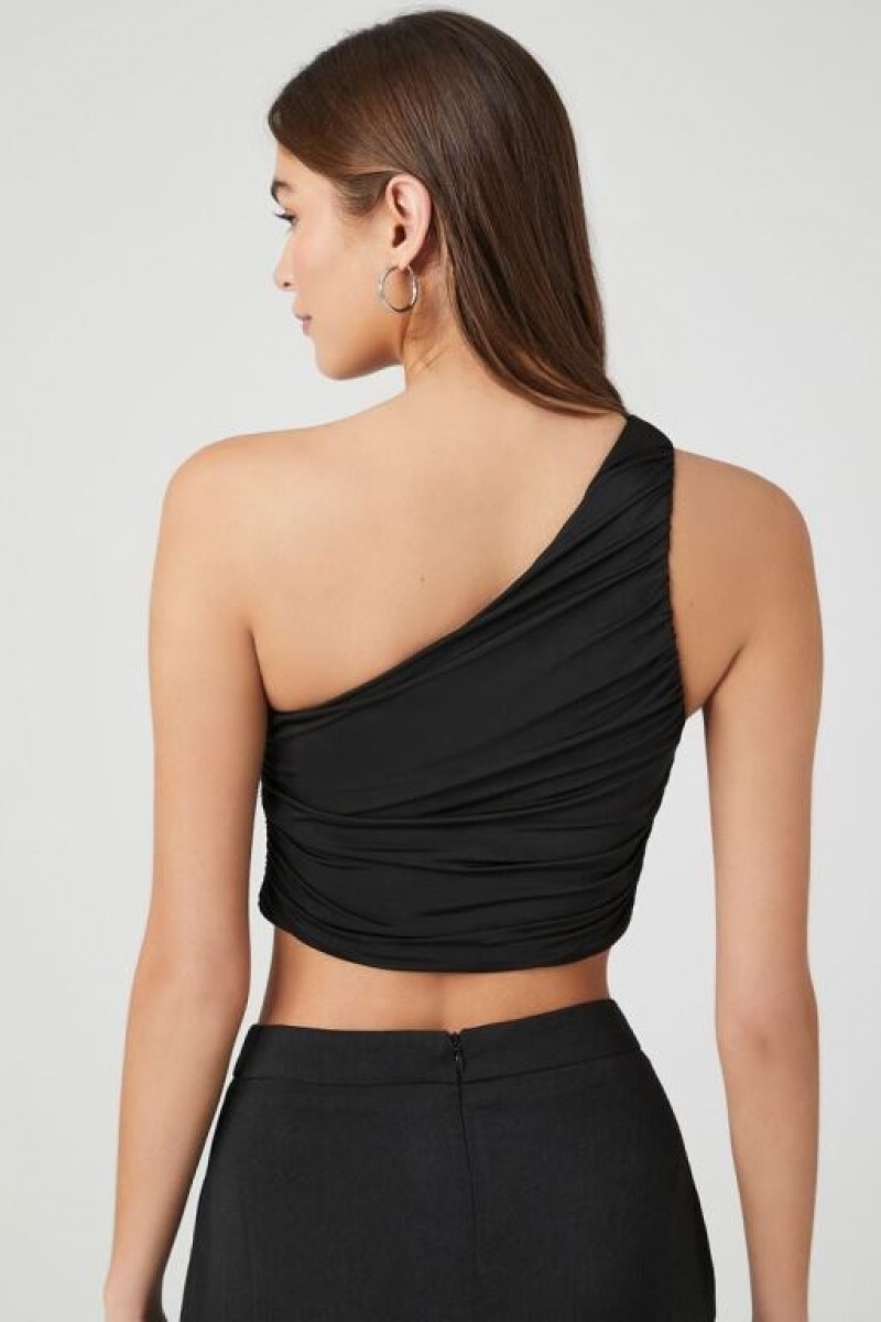 Camiseta Tirantes Forever 21 Ruched One Shoulder Crop Mujer Negras | 2LRAob7GRmc