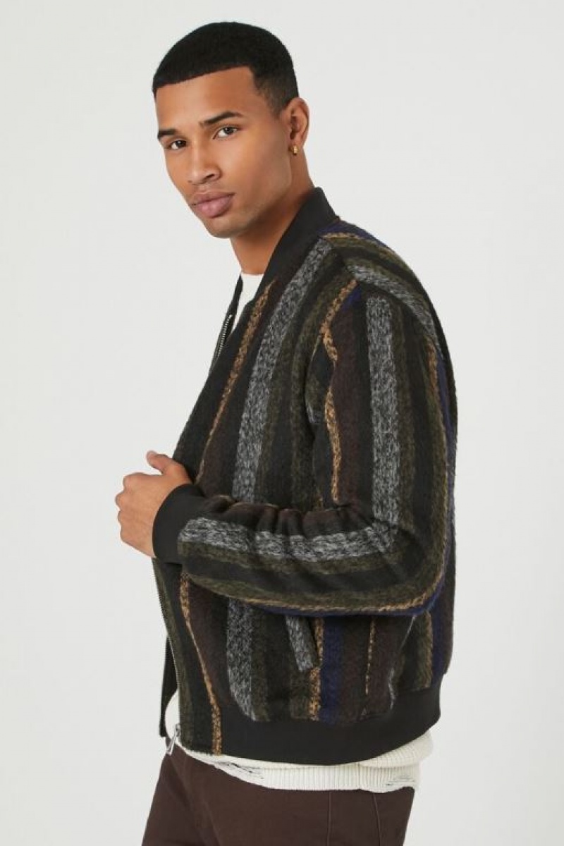 Casacas Forever 21 A Rayas Brushed Bomber Hombre Negras Multicolor | hTckwJ5T3W0