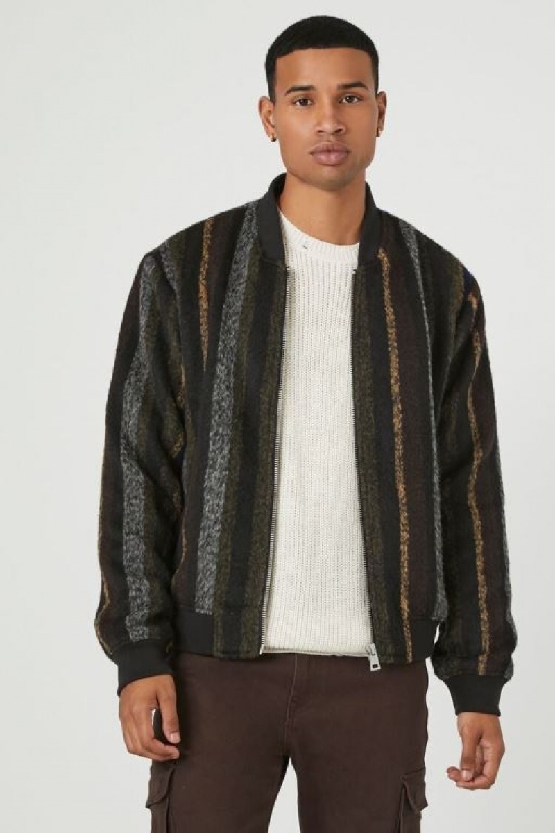 Casacas Forever 21 A Rayas Brushed Bomber Hombre Negras Multicolor | hTckwJ5T3W0