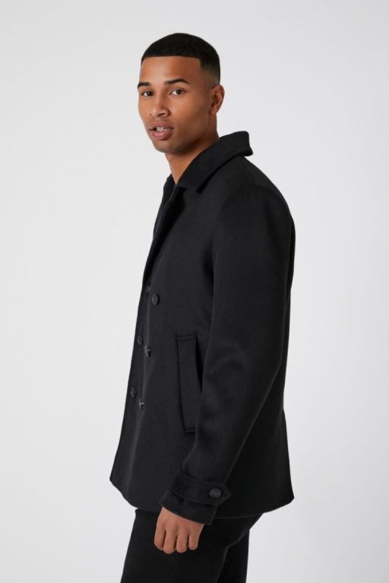 Casacas Forever 21 Brushed Double Breasted Coat Hombre Negras | T3b1Bw9SMGP