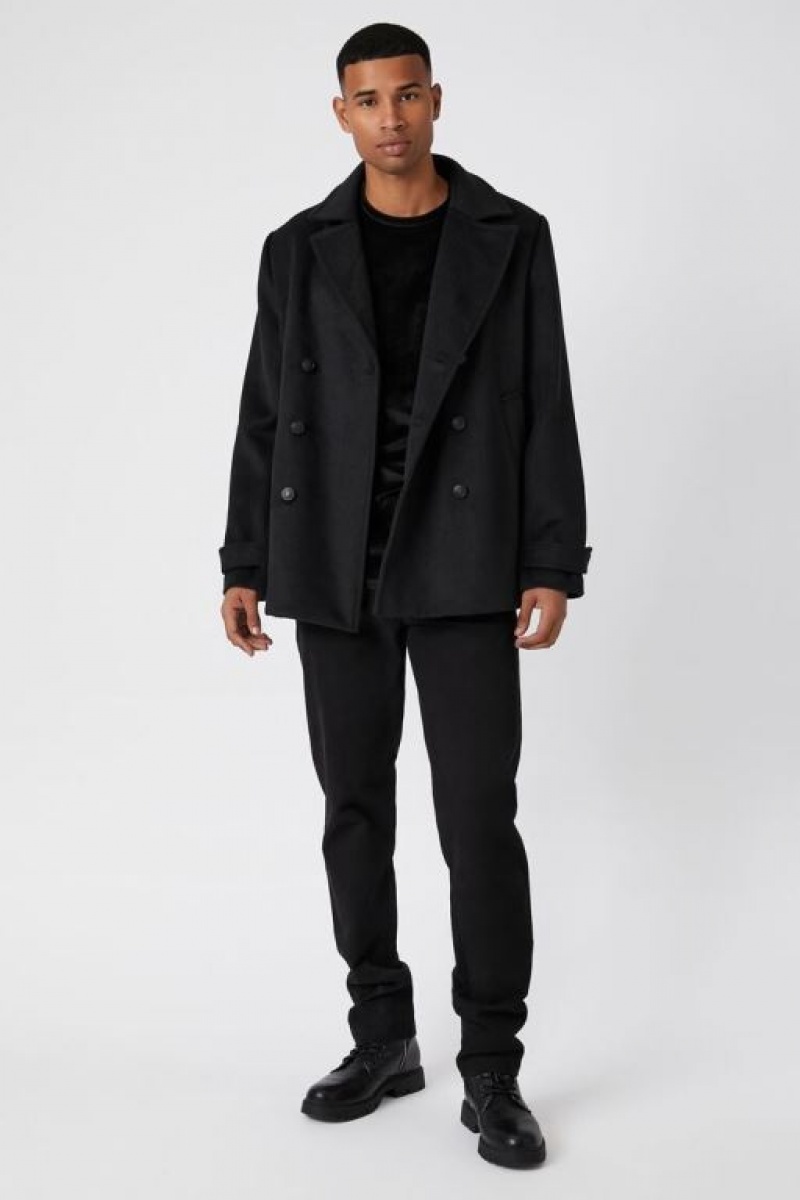 Casacas Forever 21 Brushed Double Breasted Coat Hombre Negras | T3b1Bw9SMGP