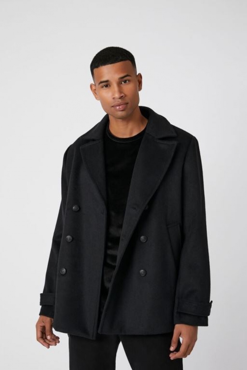 Casacas Forever 21 Brushed Double Breasted Coat Hombre Negras | T3b1Bw9SMGP