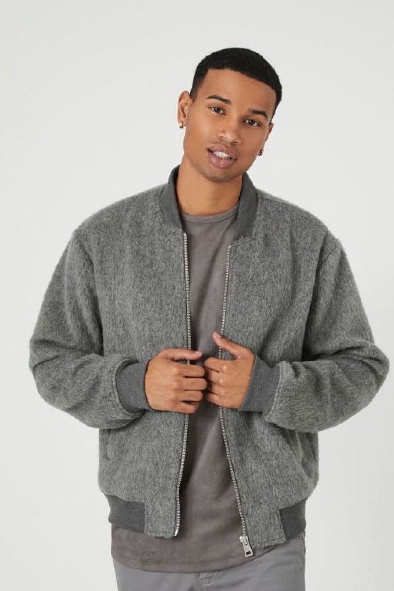 Casacas Forever 21 Brushed Zip Up Bomber Hombre Gris | HySP25vc5dx