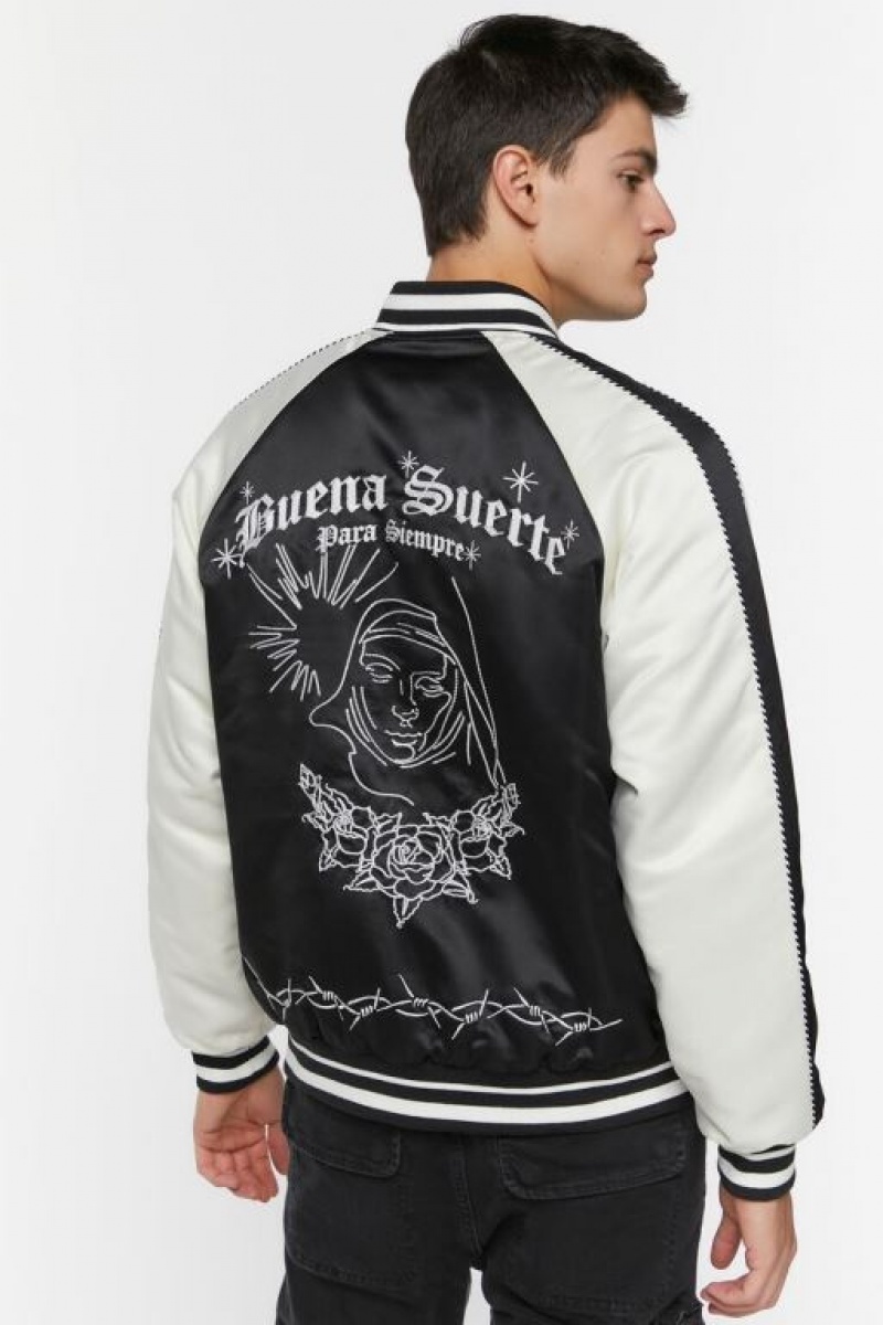 Casacas Forever 21 Buena Suerte Varsity Souvenir Hombre Negras Blancas | 98JpblaJ1oN