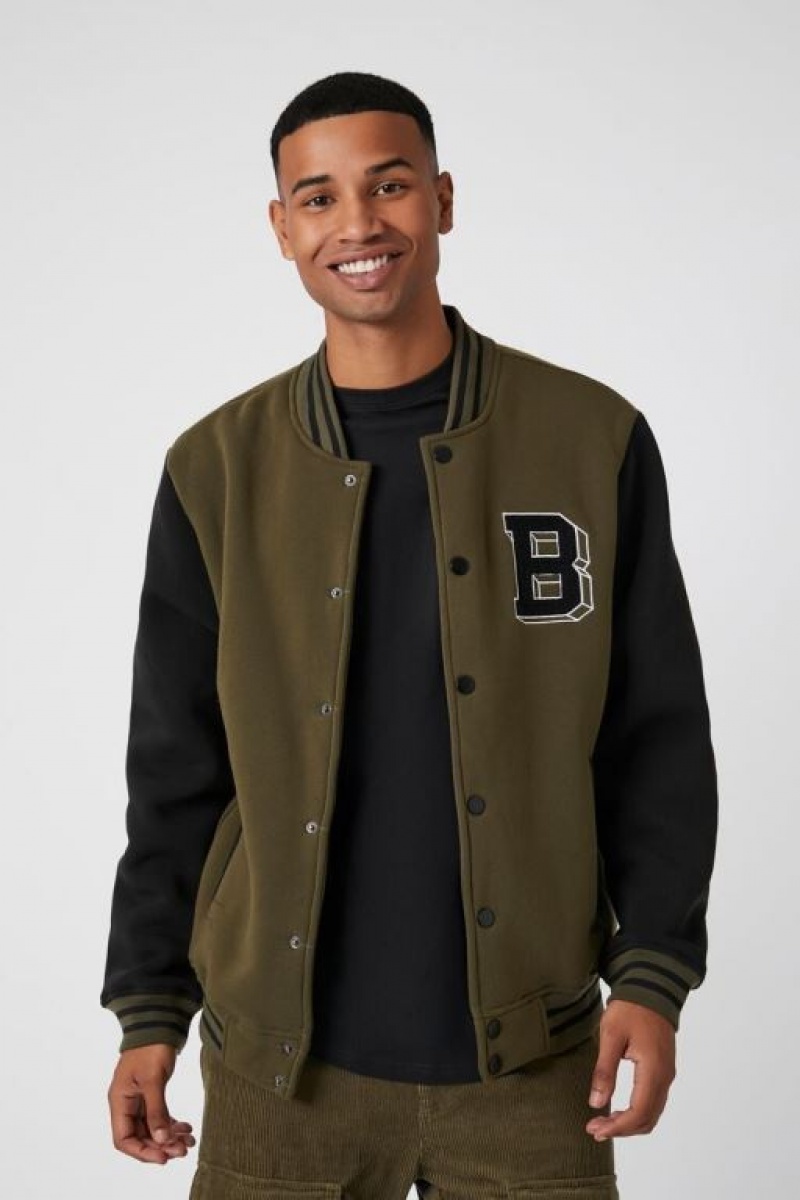 Casacas Forever 21 Chenille Patch Letterman Varsity Hombre Verde Oliva Negras | ph9ErZ3tCf6