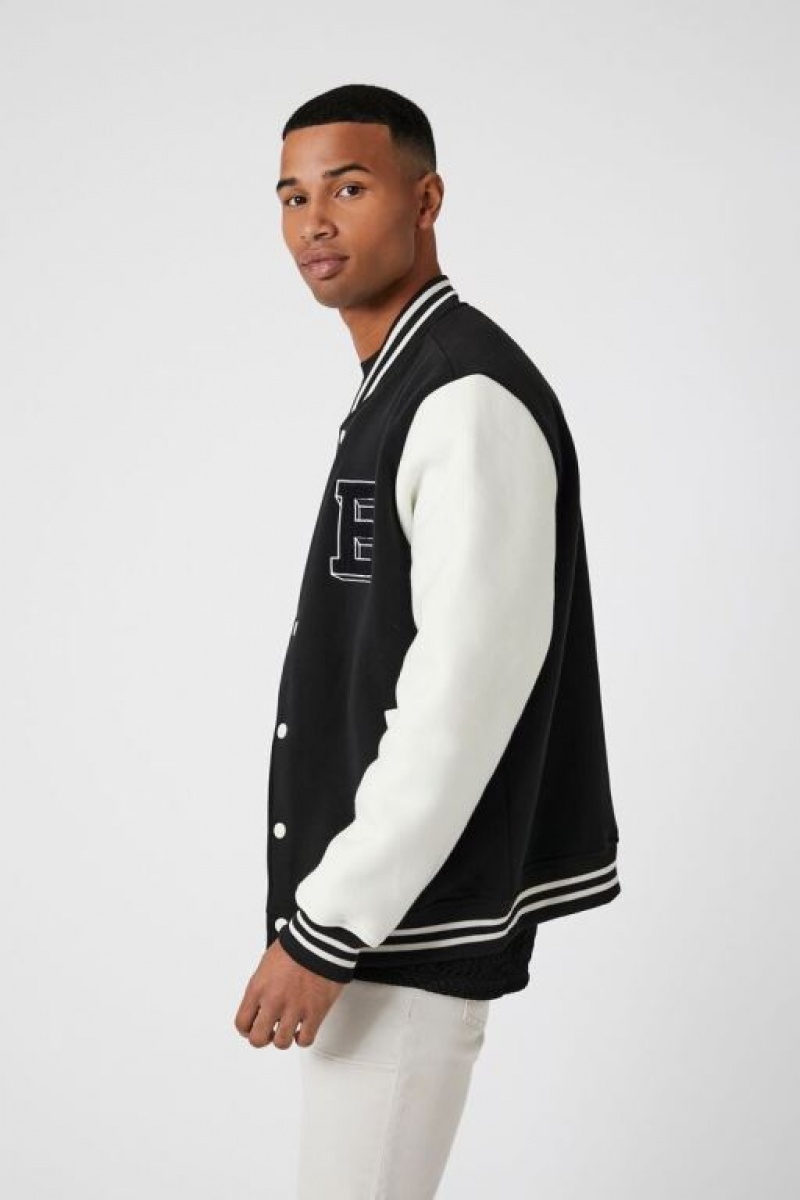 Casacas Forever 21 Chenille Patch Letterman Varsity Hombre Negras Creme | HXjRWZFoJhu