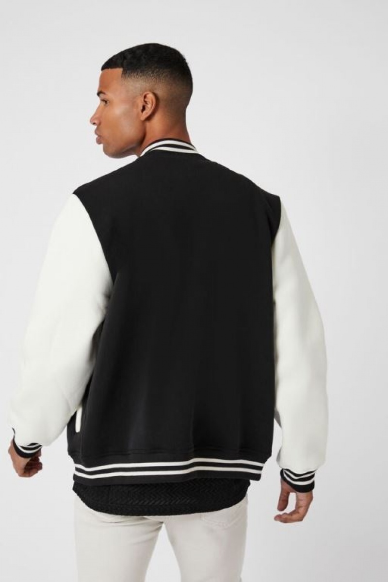 Casacas Forever 21 Chenille Patch Letterman Varsity Hombre Negras Creme | HXjRWZFoJhu