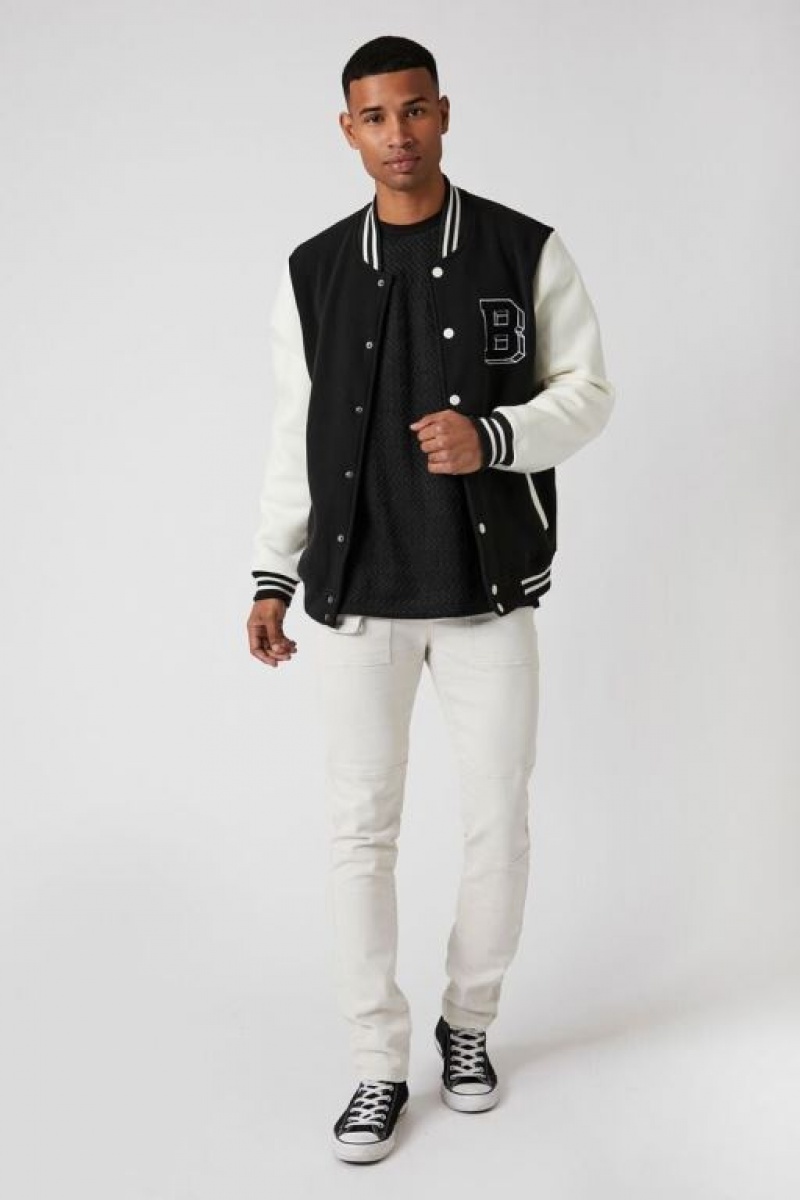 Casacas Forever 21 Chenille Patch Letterman Varsity Hombre Negras Creme | HXjRWZFoJhu