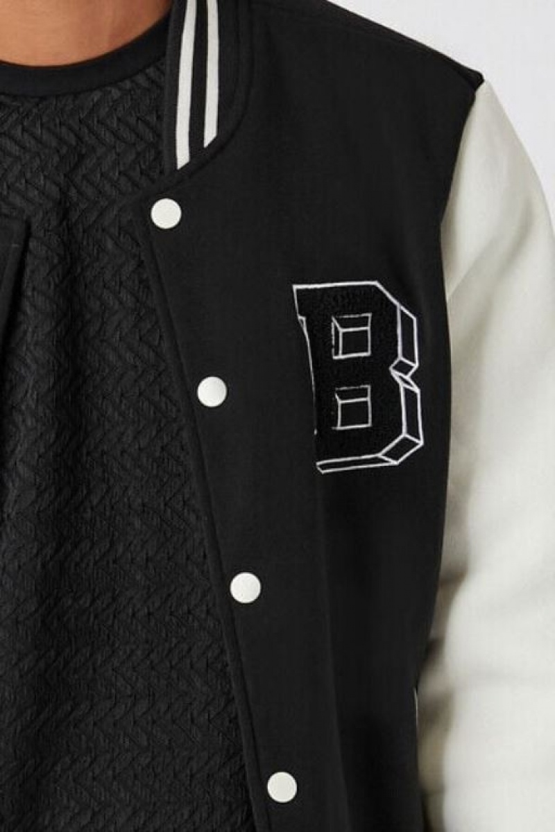 Casacas Forever 21 Chenille Patch Letterman Varsity Hombre Negras Creme | HXjRWZFoJhu