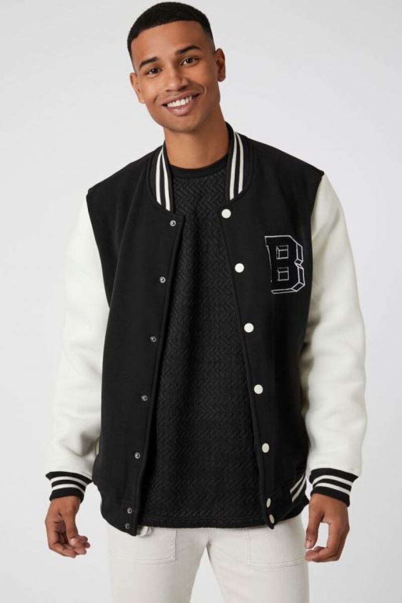 Casacas Forever 21 Chenille Patch Letterman Varsity Hombre Negras Creme | HXjRWZFoJhu