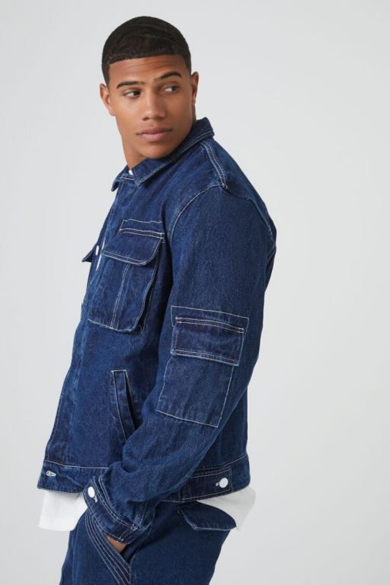 Casacas Forever 21 Denim Cargo Trucker Hombre Azules Oscuro | Yovi1fK1aJa