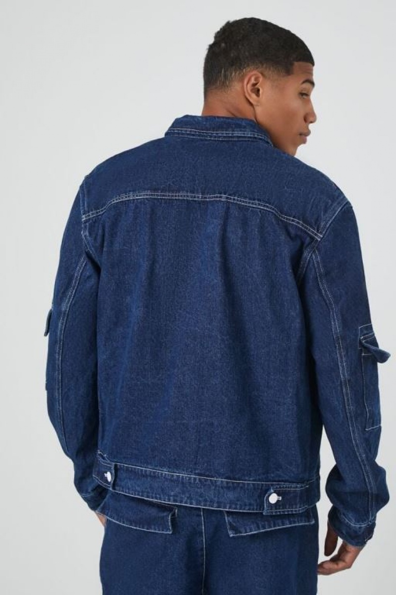 Casacas Forever 21 Denim Cargo Trucker Hombre Azules Oscuro | Yovi1fK1aJa