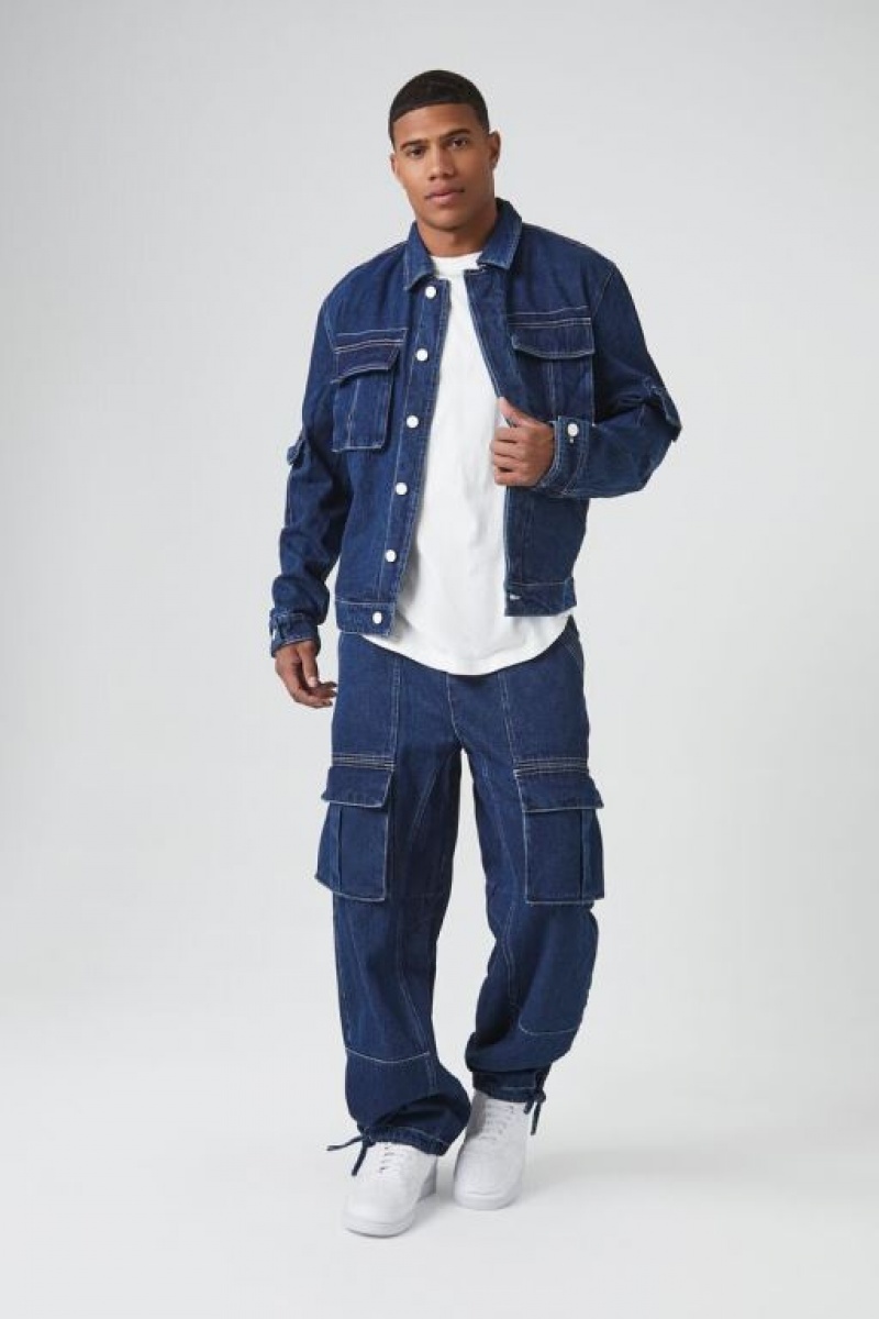 Casacas Forever 21 Denim Cargo Trucker Hombre Azules Oscuro | Yovi1fK1aJa