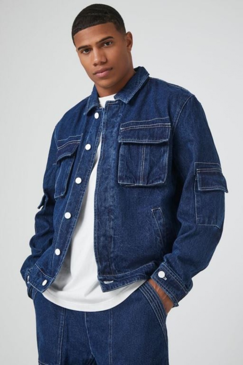 Casacas Forever 21 Denim Cargo Trucker Hombre Azules Oscuro | Yovi1fK1aJa