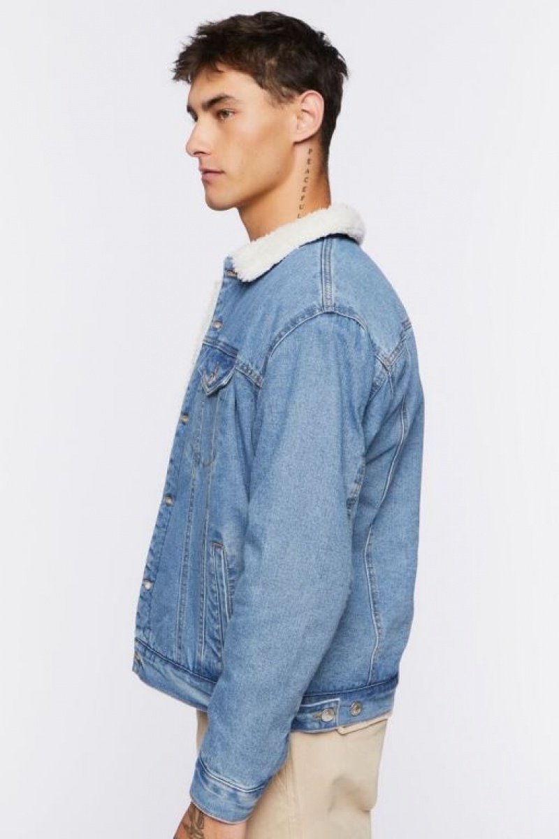 Casacas Forever 21 Denim Faux Shearling Hombre Azules Creme | TRKTXc3YgZT