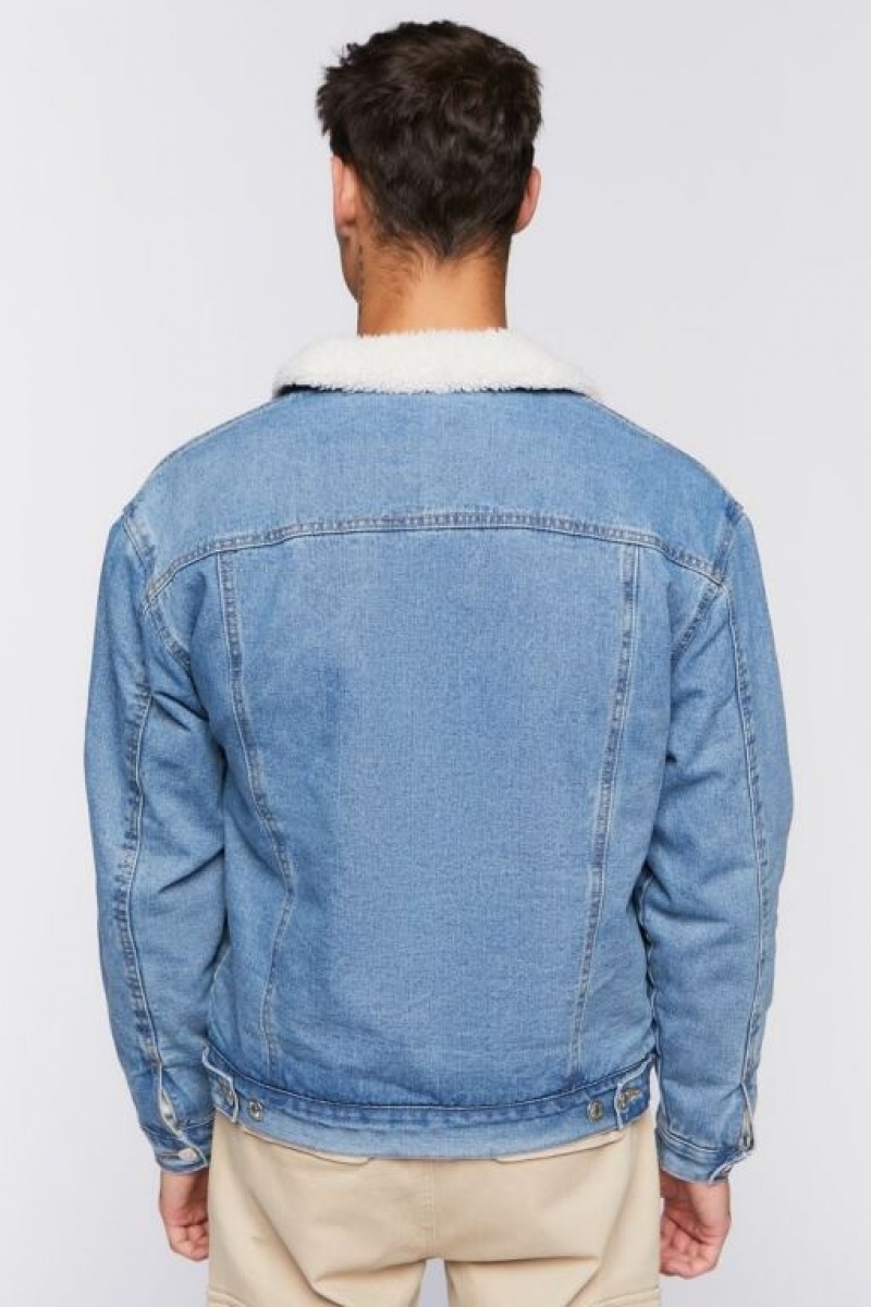 Casacas Forever 21 Denim Faux Shearling Hombre Azules Creme | TRKTXc3YgZT