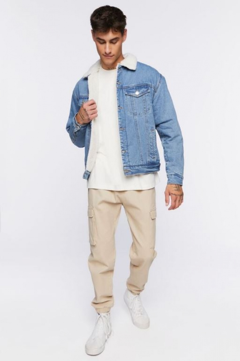 Casacas Forever 21 Denim Faux Shearling Hombre Azules Creme | TRKTXc3YgZT