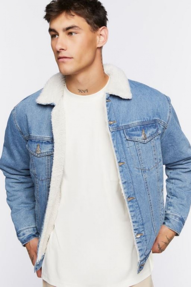 Casacas Forever 21 Denim Faux Shearling Hombre Azules Creme | TRKTXc3YgZT