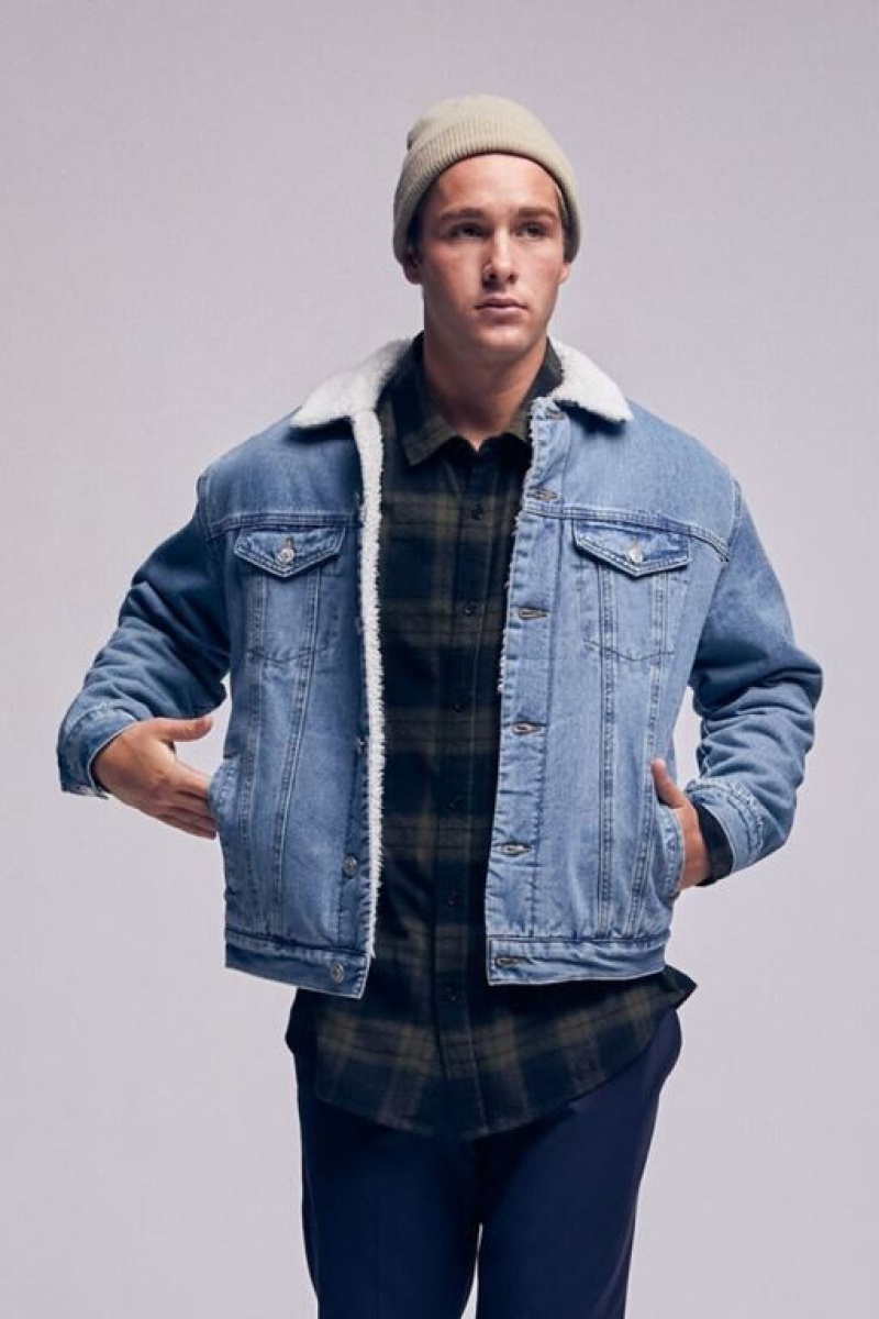 Casacas Forever 21 Denim Faux Shearling Hombre Azules Creme | TRKTXc3YgZT