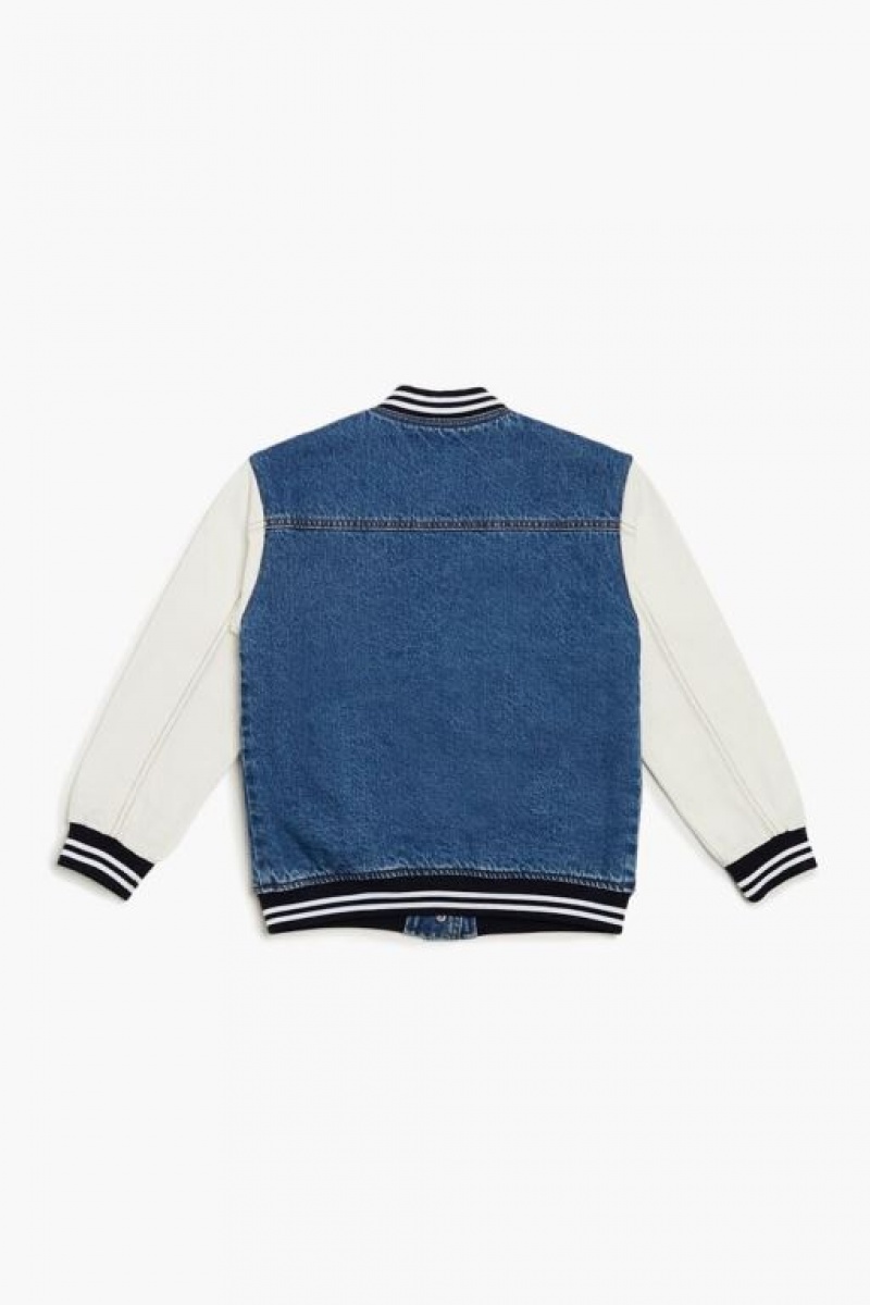 Casacas Forever 21 Denim Letterman Girls Boys Niños Azules Creme | QoDcT7KUKYe