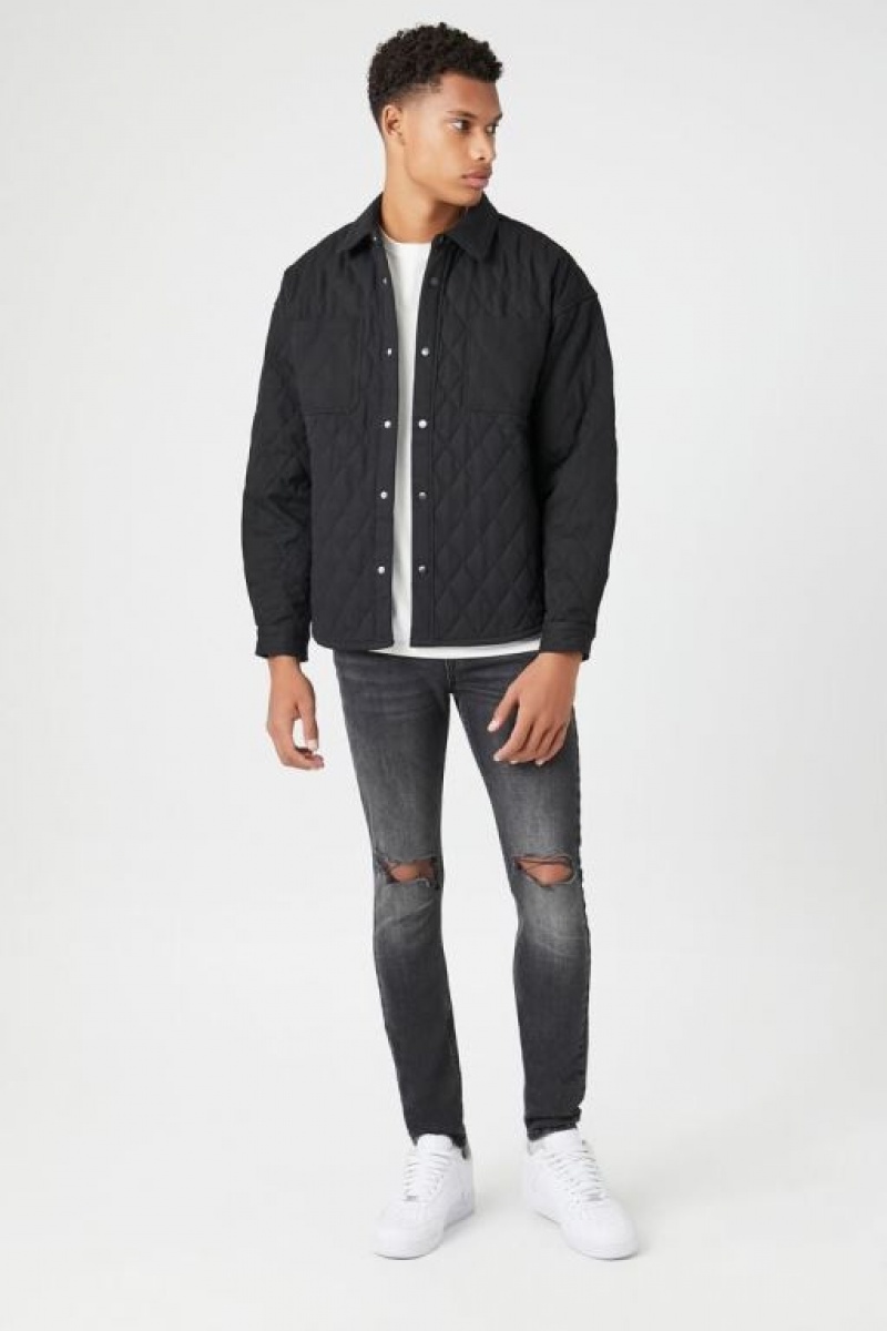 Casacas Forever 21 Diamond Acolchado Shacket Hombre Negras | oZy36tfDqMT