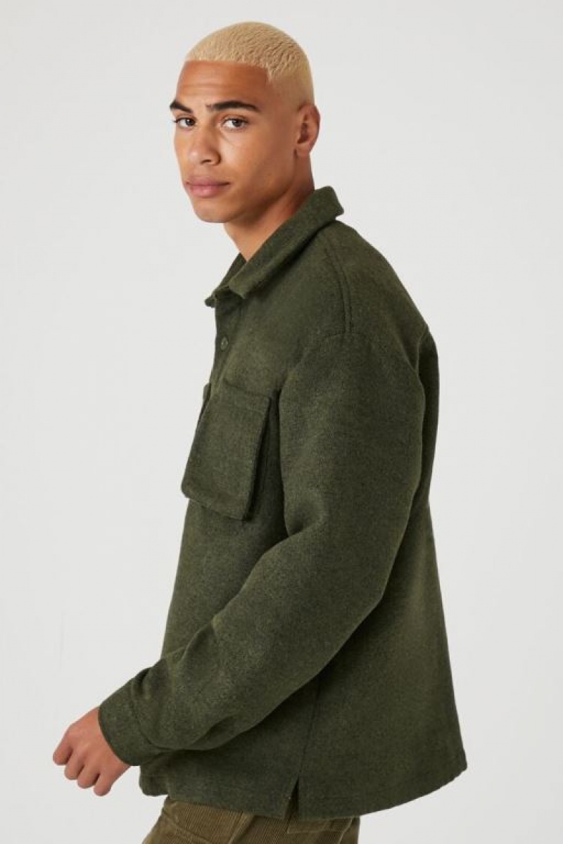 Casacas Forever 21 Drop Sleeve Pocket Shacket Hombre Verde Oliva | SxHGdNaMHSn