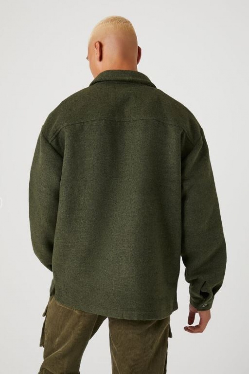 Casacas Forever 21 Drop Sleeve Pocket Shacket Hombre Verde Oliva | SxHGdNaMHSn