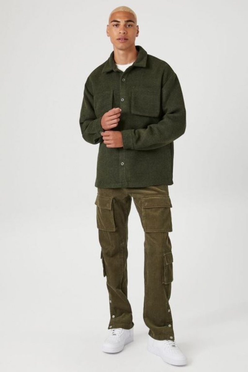 Casacas Forever 21 Drop Sleeve Pocket Shacket Hombre Verde Oliva | SxHGdNaMHSn