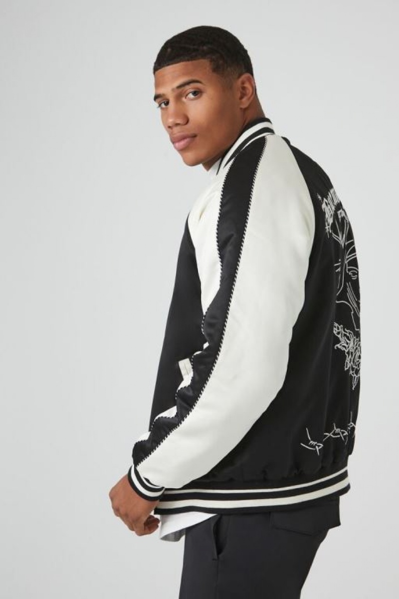 Casacas Forever 21 Embroidered Buena Suerte Bomber Hombre Negras Blancas | 75lTM38Ue9G