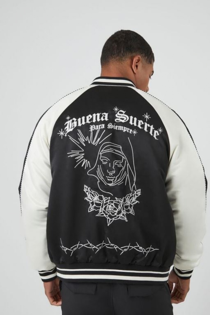 Casacas Forever 21 Embroidered Buena Suerte Bomber Hombre Negras Blancas | 75lTM38Ue9G