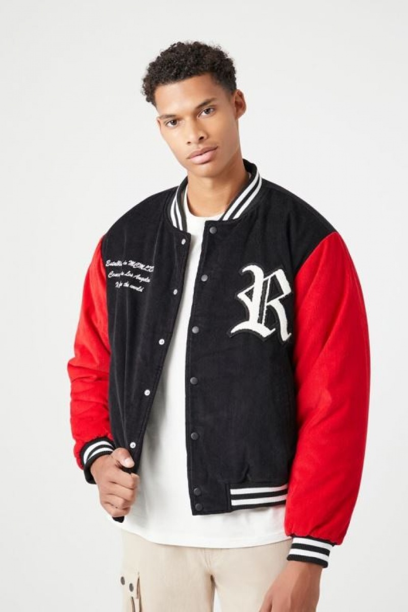 Casacas Forever 21 Embroidered Corduroy Letterman Varsity Hombre Negras Rojas | VgwYNO9fyws