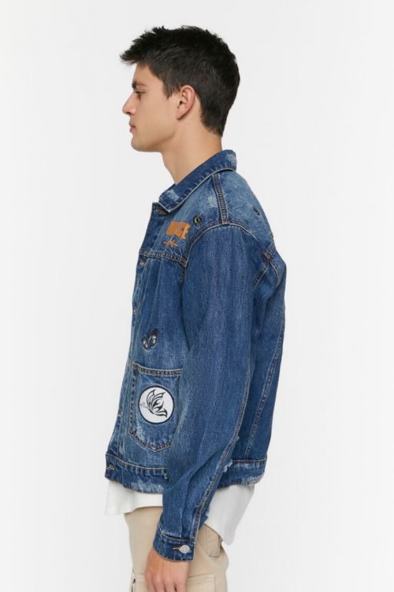 Casacas Forever 21 Embroidered Peace Denim Hombre Azules | DFdYuIqGWxq