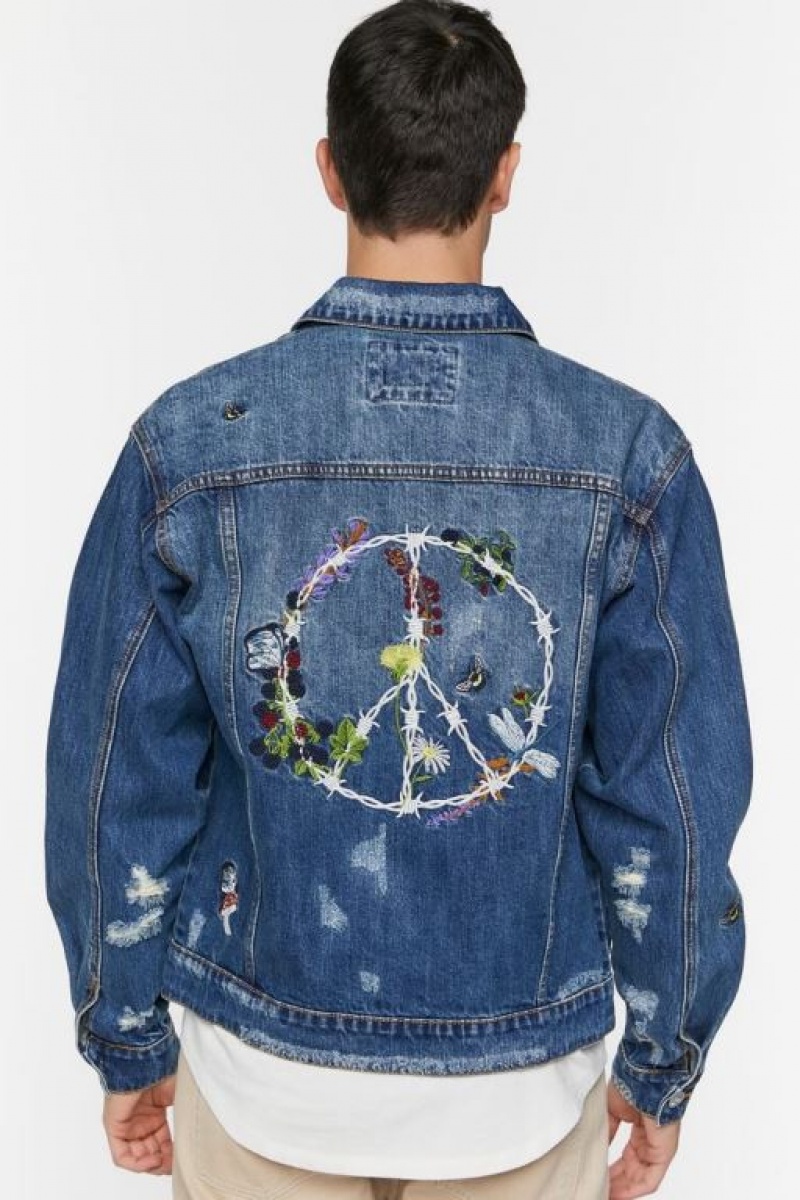 Casacas Forever 21 Embroidered Peace Denim Hombre Azules | DFdYuIqGWxq